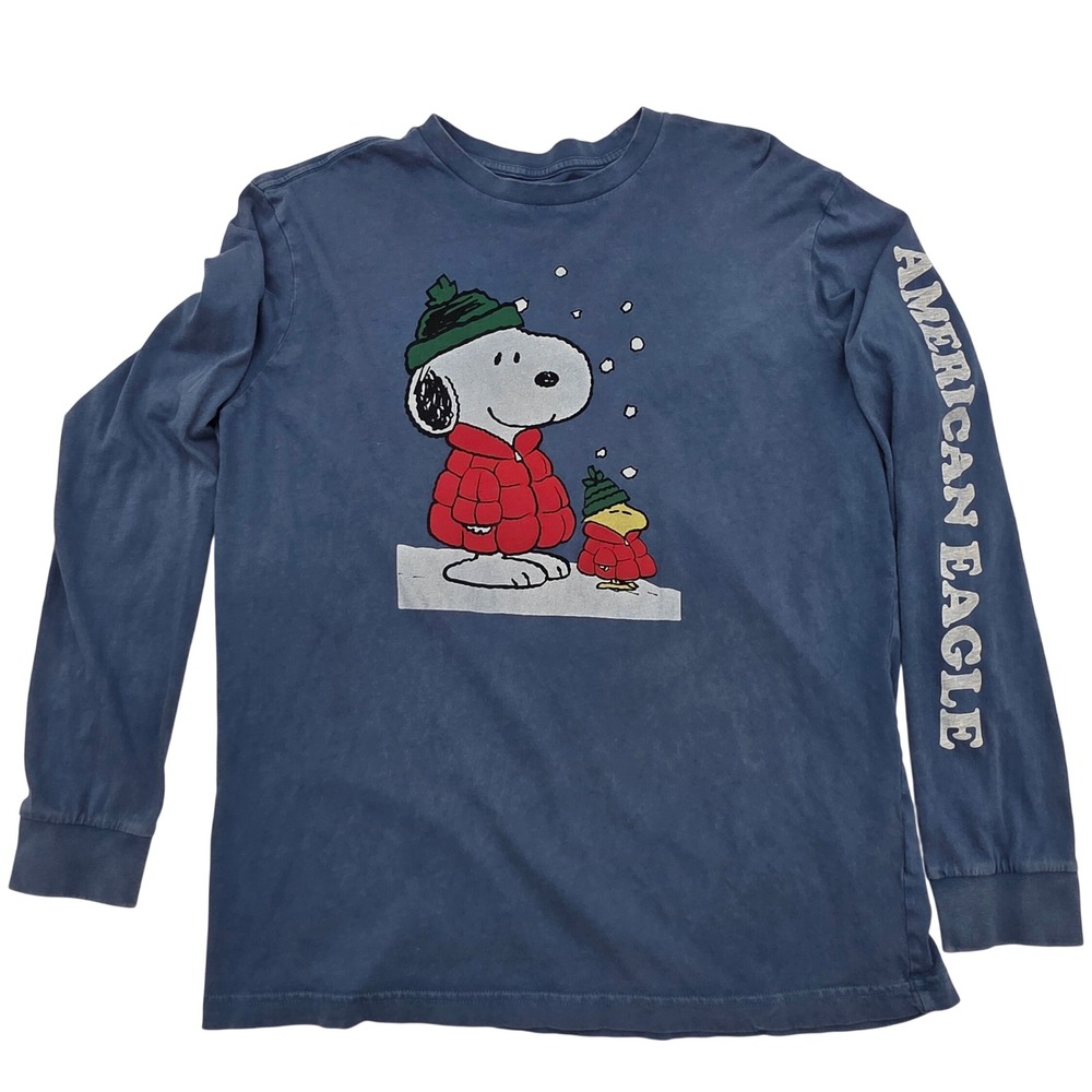 AE Snoopy Tee Mens M Blue Long Sleeve Graphic Streetwear Retro Casual